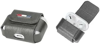 غطاء حماية لسماعات ايربودز جلد مع حلقة أمان رمادي - Protective Leather AirPods Case With Carabiner Grey