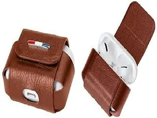 غطاء حماية لسماعات ايربودز جلد مع حلقة أمان بني - Protective Leather AirPods Case With Carabiner Brown