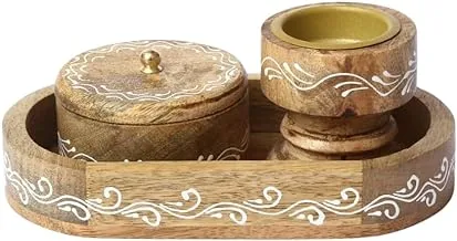 Ali Baba Cave 1765 Round Wooden Bakhoor Burner Set with Hand Drawing, Multicolour