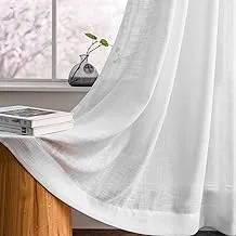ستائر Melodieux بيضاء من الكتان شبه شفافة بطول 63 بوصة لغرفة النوم وغرفة المعيشة وستائر جيب من الكتان الطبيعي، مقاس 52 × 63 بوصة (لوحتان)