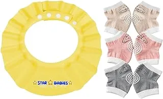 Star Babies - Combo Pack of 2- Adjustable Shower Cap with Baby Girl's Kneepad (3 Pair)- Pink