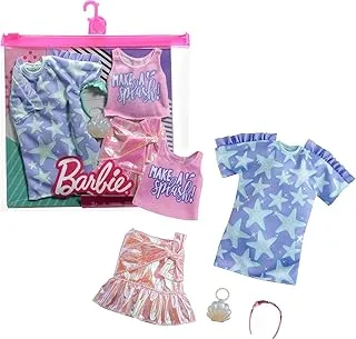 Barbie Fashions 2-Pack Clothing Set, 2 Outfits Doll Include Star-Print Dress, Pink Iridescent Skirt, Graphic Tank & 2 Accessories, Gift for Kids 3 to 8 Years Old