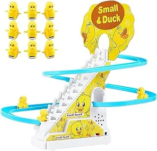 JOYGETIN Small Ducks Climbing Toys,Electric Duck Climbing Stairs Tracks Slide Toy Set,Duck Roller Coaster Toy with Flashing Lights & Music On/Off Button