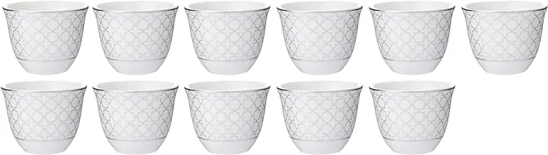 Al Saif Gallery Porcelain Coffee Cup with Islamic Silver Engraving 12-Piece Set, White