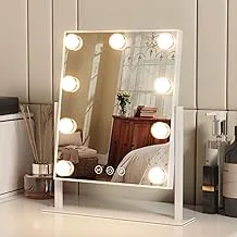 VVSmriti Tabletop Mount Vanity Mirror with Lights Makeup Mirror with with 9 LED Lights Smart Touch Control 3 Colors Light 360° Rotation (White)