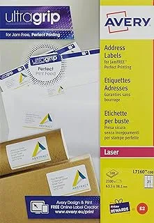 Avery Self Adhesive Address Mailing Labels (Amazon FBA Barcode Labels), Laser printers, 21 Labels Per A4 Sheet, 2100 labels, UltraGrip (L7160), White
