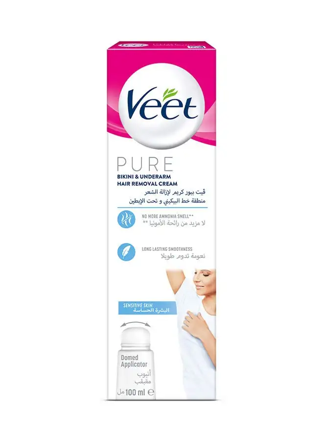 Veet Pure Bikini And Underarm Hair Removal Cream With Domed Applicator For Sensitive Skin 100ml