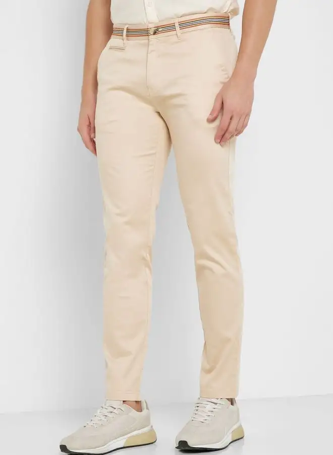 Thomas Scott Men Cream-Coloured Slim Fit Chinos Trousers