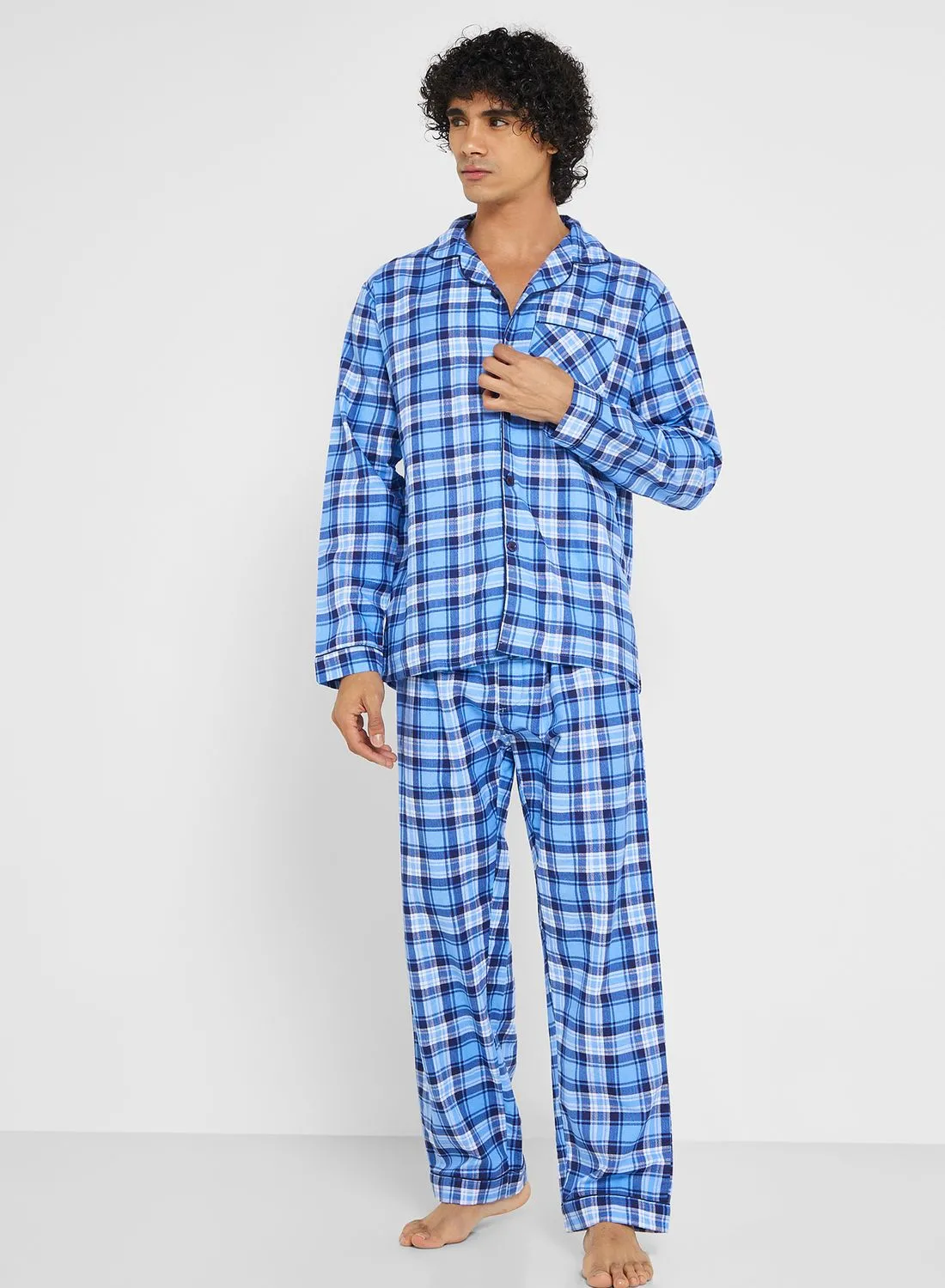 Seventy Five Men's Traditional Brushed Cotton Check Pyjama Set In Blue Check ~ (24)