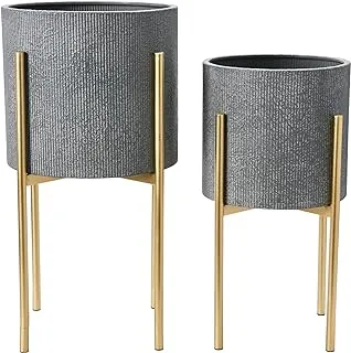 Main + Mesa Set of 2 Modern Boho Embossed Metal Planters with Stand, Dark Grey with Gold Stand, EC0724