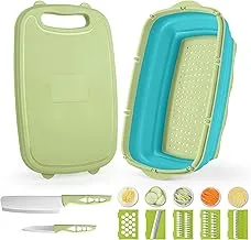 Silicone Foldable Chopping Board | 9 in 1 Multifunctional Chopping Board with 5 Pieces Fruit and Vegetable Slicer, Space Saving Storage Basket for Camping Kitchen BBQ (Blue & Green)