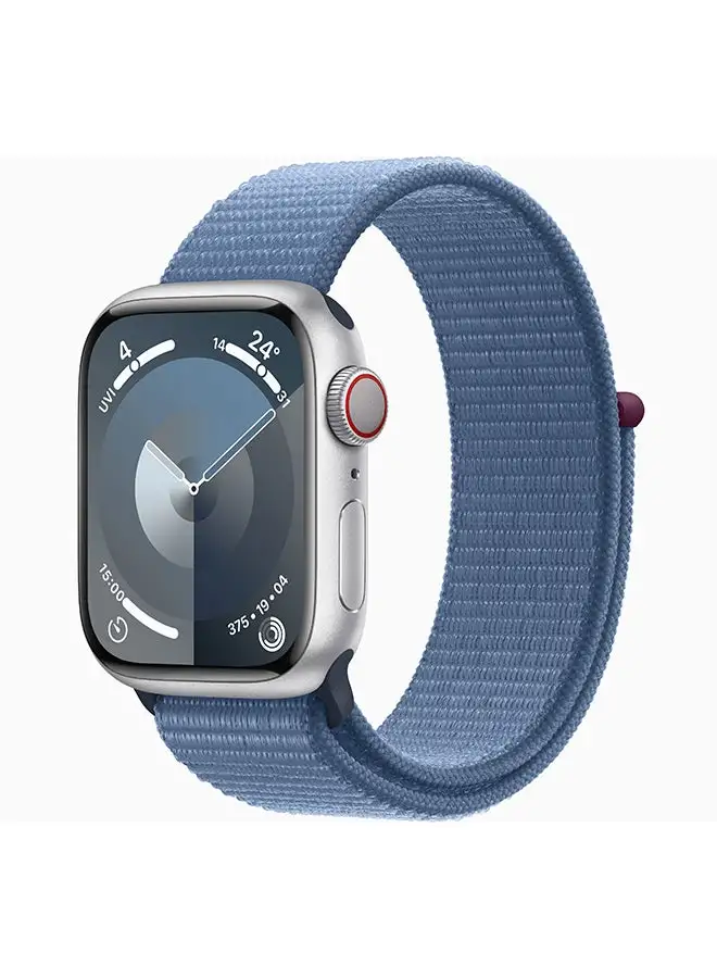 Apple Watch Series 9 GPS + Cellular هيكل من الألومنيوم الفضي مقاس 41 ملم مع سوار رياضي باللون الأزرق الشتوي