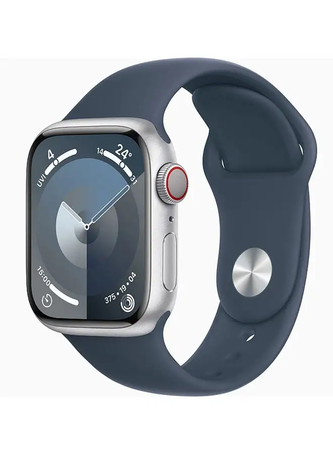Apple Watch Series 9 GPS + Cellular هيكل من الألومنيوم الفضي مقاس 41 ملم مع حزام رياضي باللون الأزرق العاصف