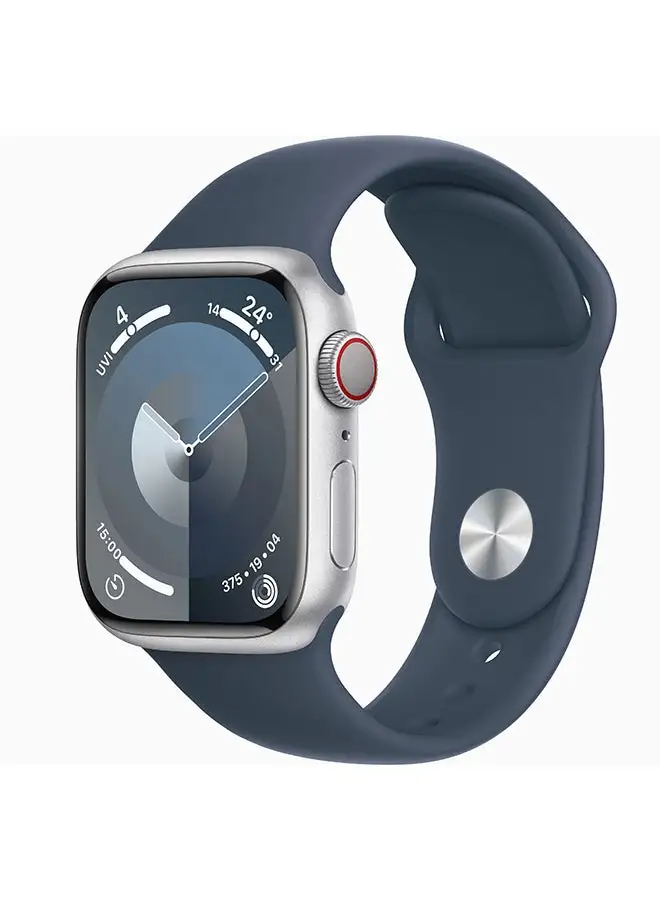 Apple Watch Series 9 GPS + Cellular هيكل من الألومنيوم الفضي مقاس 45 ملم مع حزام رياضي باللون الأزرق العاصف