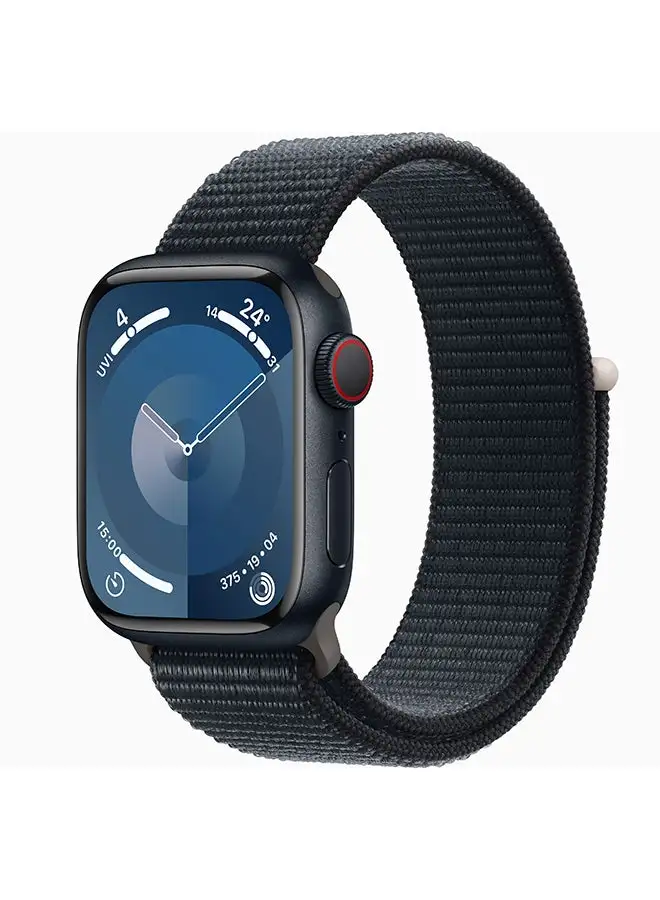ساعة Apple Watch Series 9 بنظام تحديد المواقع + هيكل من الألومنيوم بقطر 41 ملم مزود بشبكة خلوية مع حزام رياضي منتصف الليل