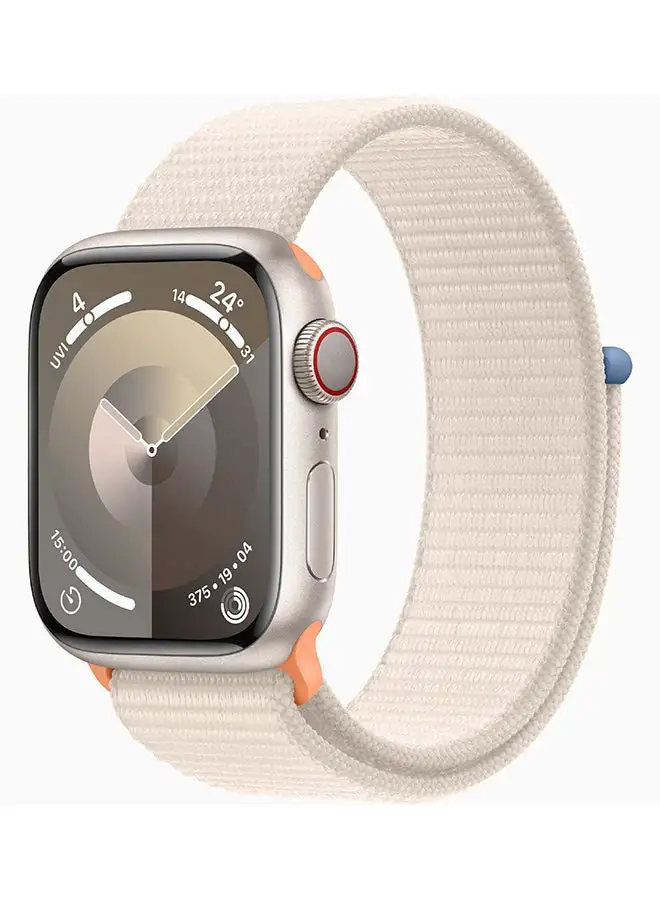 ساعة Apple Watch Series 9 بنظام تحديد المواقع العالمي + هيكل من الألومنيوم بقياس 41 ملم مزود بتقنية Starlight وحزام رياضي Starlight