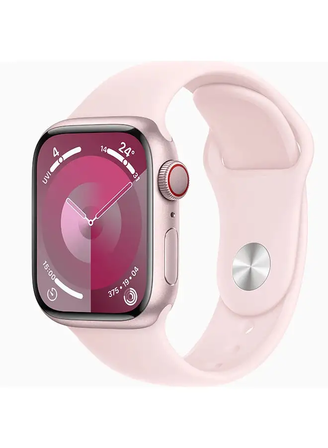 Apple Watch Series 9 GPS + Cellular هيكل من الألومنيوم باللون الوردي مقاس 45 ملم مع حزام رياضي باللون الوردي الفاتح