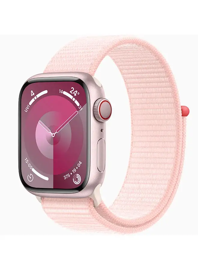 Apple Watch Series 9 GPS + Cellular هيكل من الألومنيوم باللون الوردي مقاس 41 ملم مع سوار رياضي باللون الوردي الفاتح