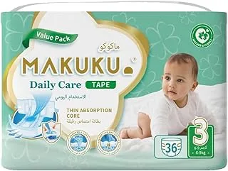 MAKUKU Diapers Daily Care Tape Style Disposable Diaper | Medium,Size 3,6-11 Kg | 36 Pieces