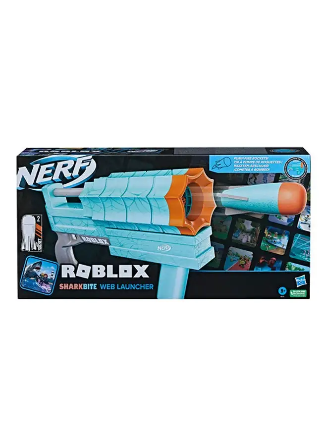 NERF Roblox SharkBite: Web Launcher Rocker Blaster، يتضمن رمزًا لاسترداد العنصر الافتراضي الحصري، وصاروخين، وحركة المضخة