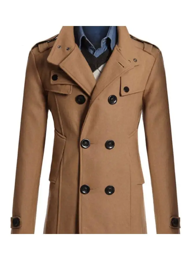 Generic Long Sleeve Lapel Collar Double-Breasted Pockets Woolen Slim Trench Coat multicolour