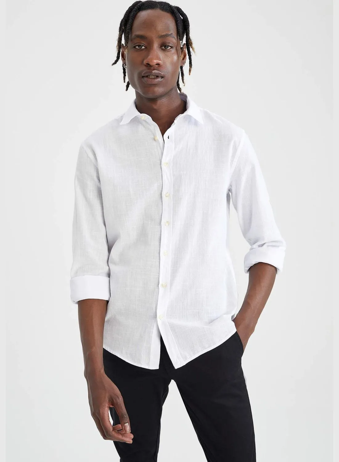 DeFacto Man Slim Fit Polo Neck Woven Long Sleeve Shirt
