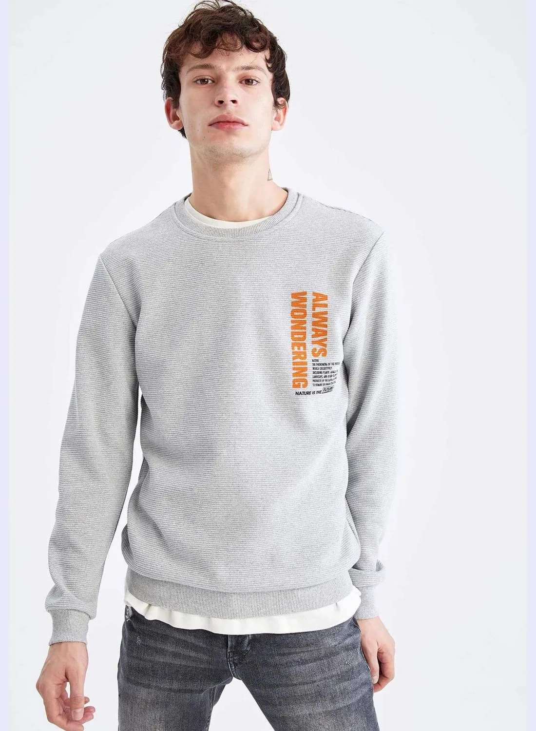 DeFacto Slim Fit Long Sleeve Slogan Print Sweatshirt