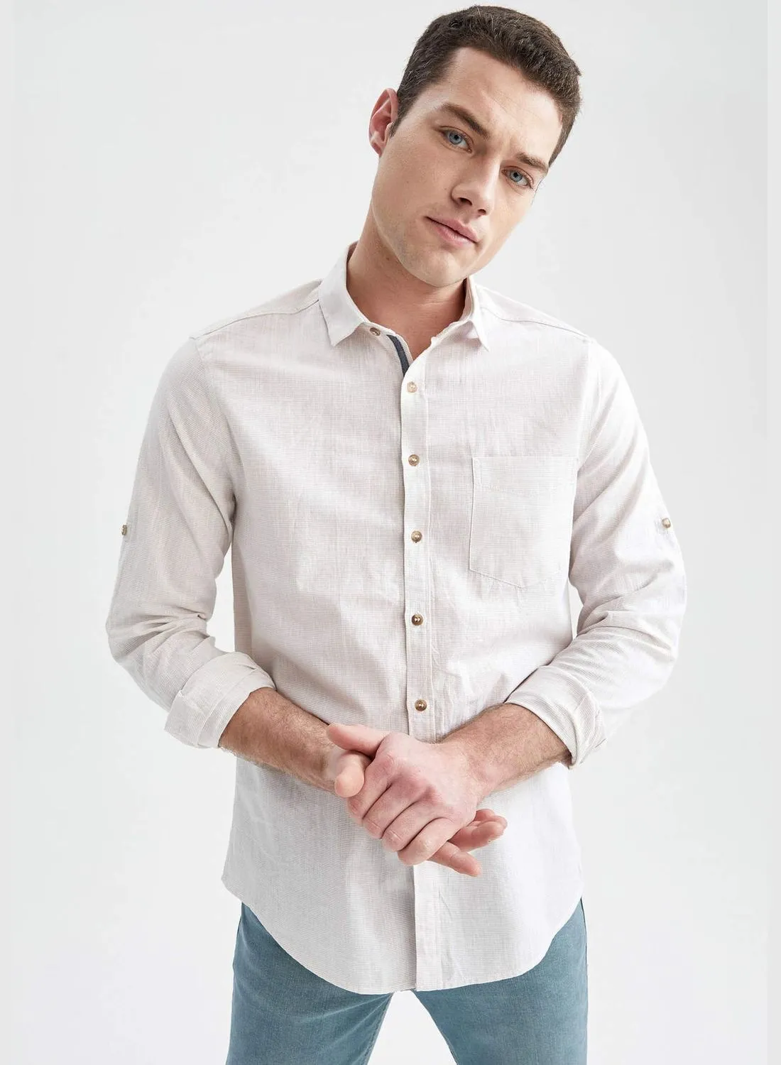 DeFacto Slim Fit Basic Long Sleeve Cotton One Pocket Shirt