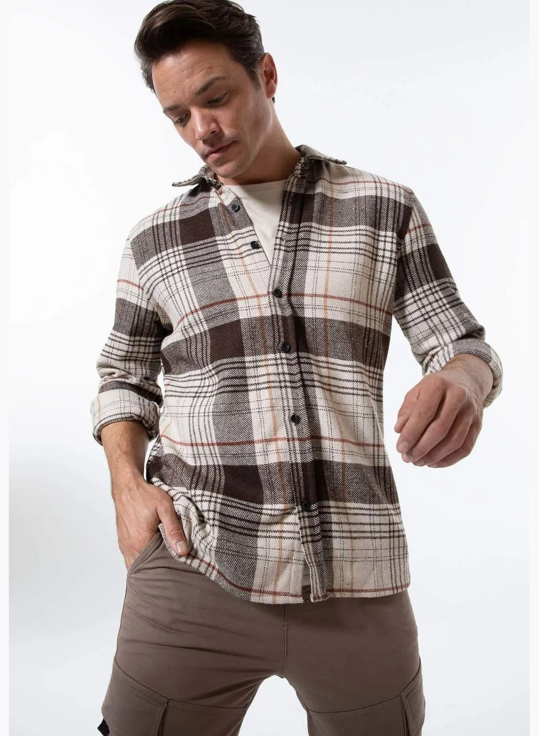 DeFacto Man Polo Neck Woven Long Sleeve Shirt