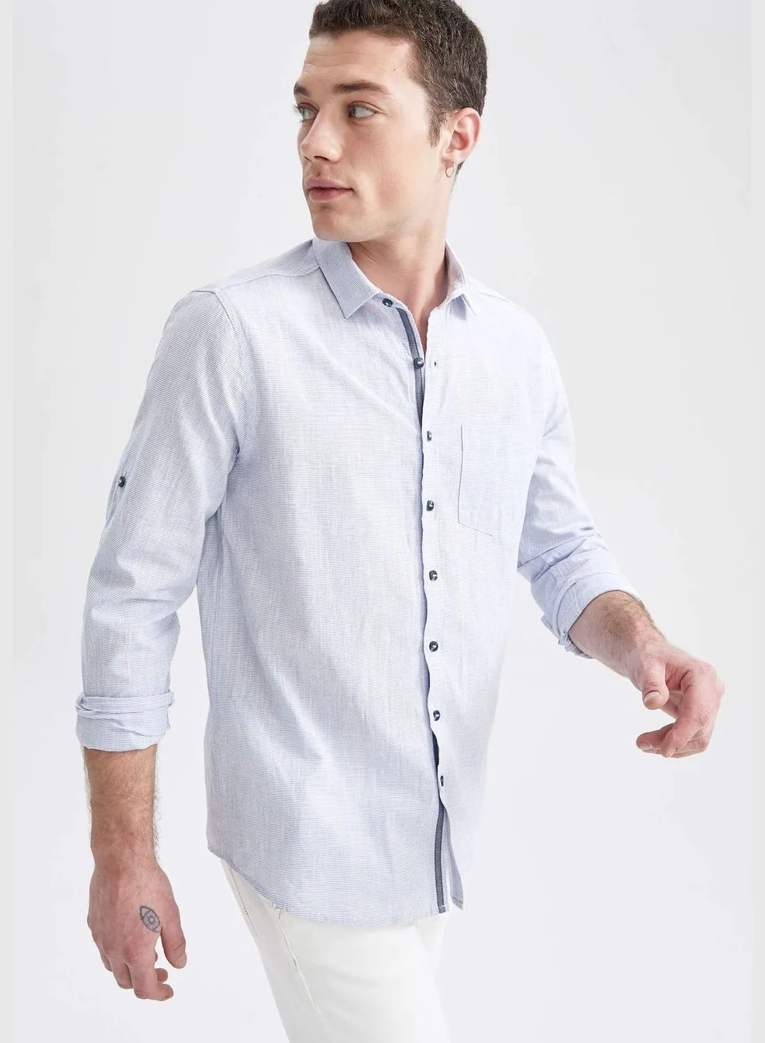 DeFacto Slim Fit Basic Long Sleeve Cotton One Pocket Shirt