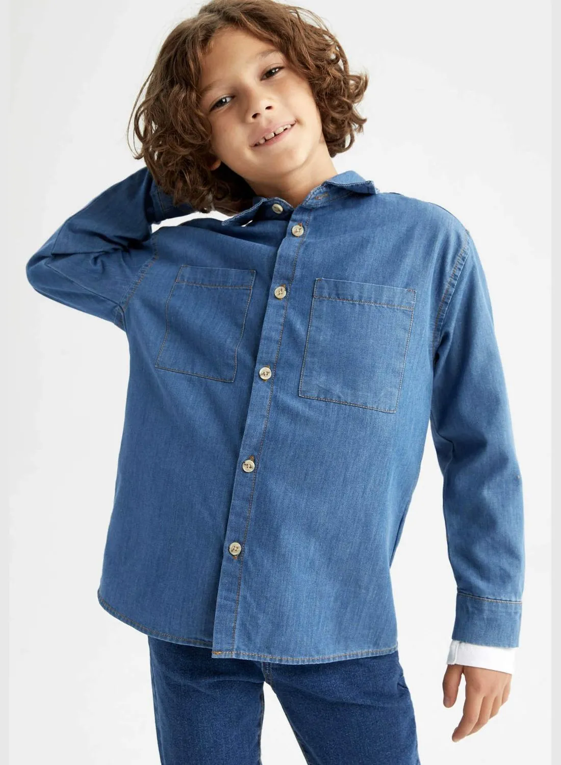 DeFacto Boy Polo Neck Denim Long Sleeve Shirt