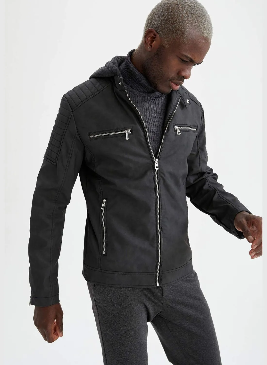 DeFacto Slim Fit Faux Leather Hooded Jacket