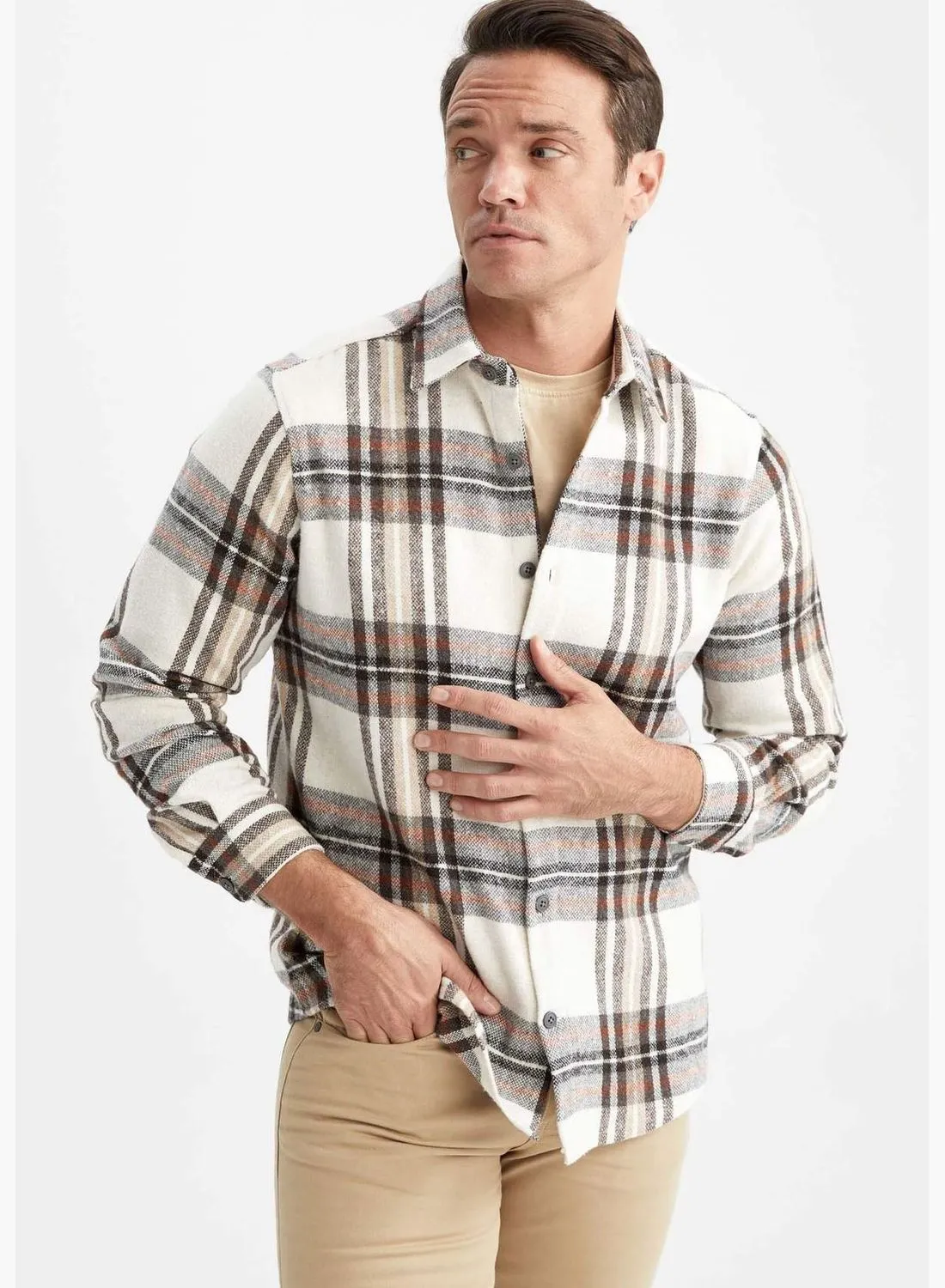 DeFacto Man Polo Neck Woven Long Sleeve Shirt