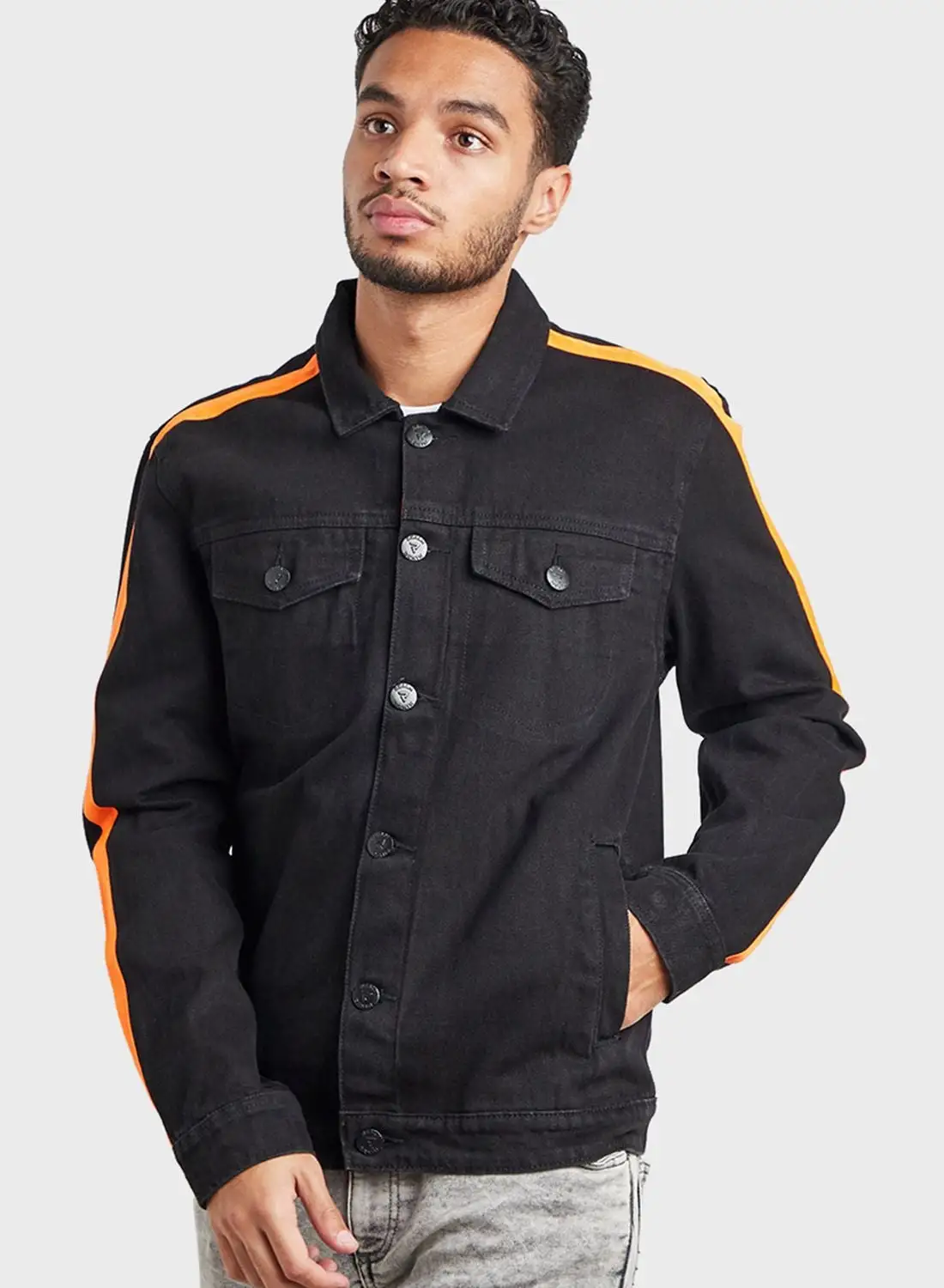 Styli Denim Jacket With Contrast Striped Detail