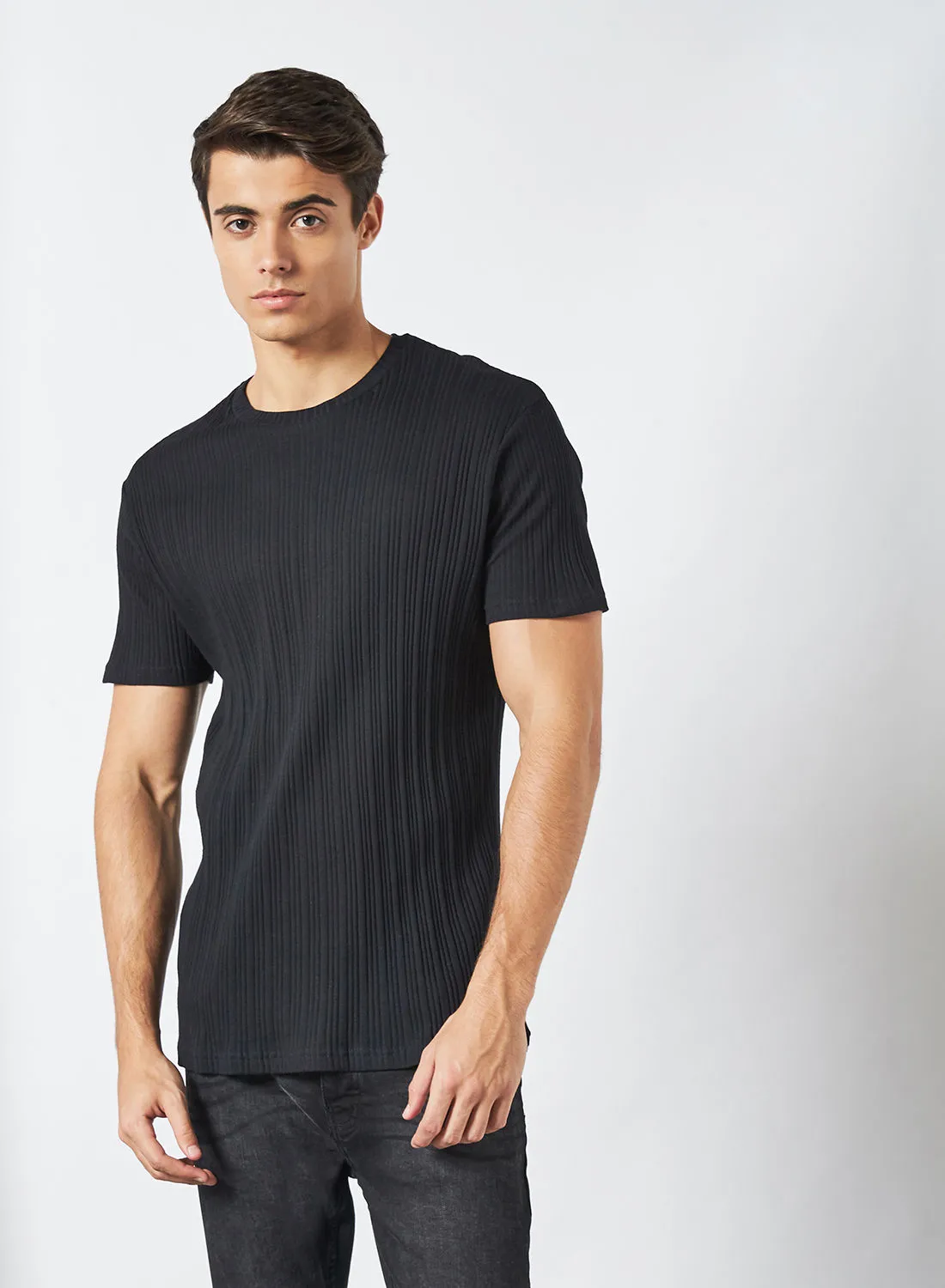 BRAVE SOUL Solid Ribbed T-Shirt Black