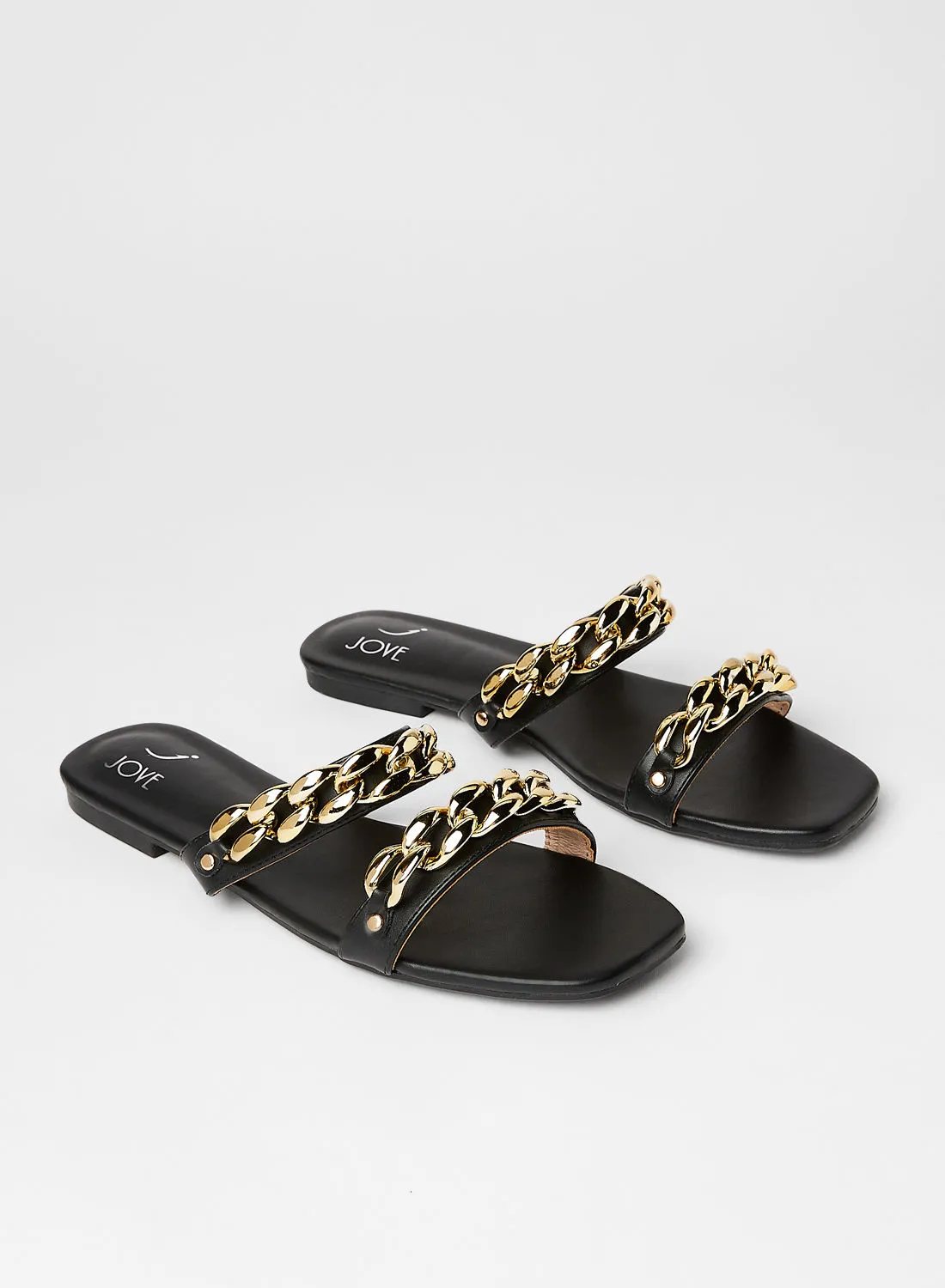 Jove Chain Detail Flat Sandals Black/Gold
