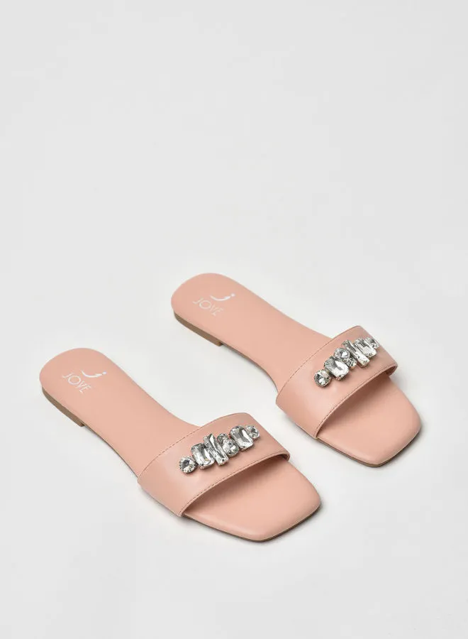 Jove Stylish Elegant Embellished Slip-On Flat Sandals Pink/Silver