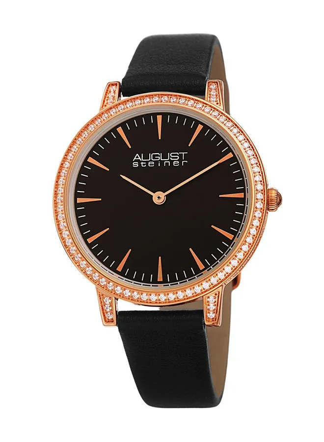 August Steiner Ion Plated Rose Gold Tone Slim Case with Crystals, Black Strap and Black Dial