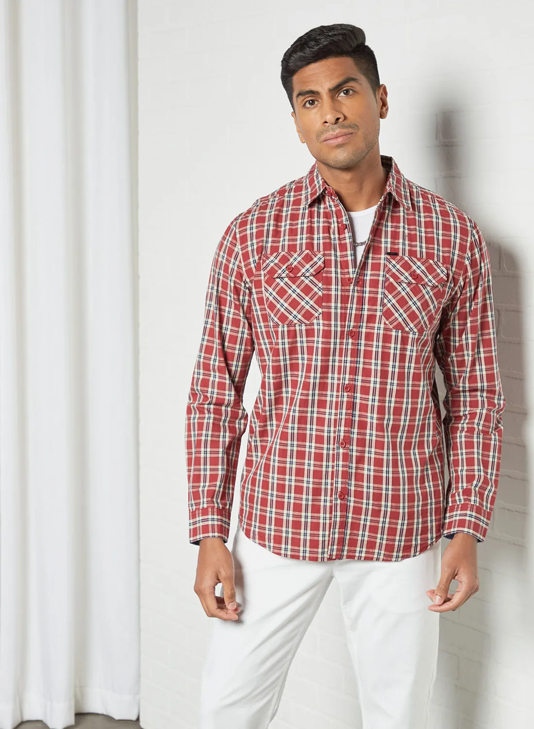 ABOF Checkered Pattern Pocket Detail Regular Fit Collared Neck Shirt Red/Beige/Black