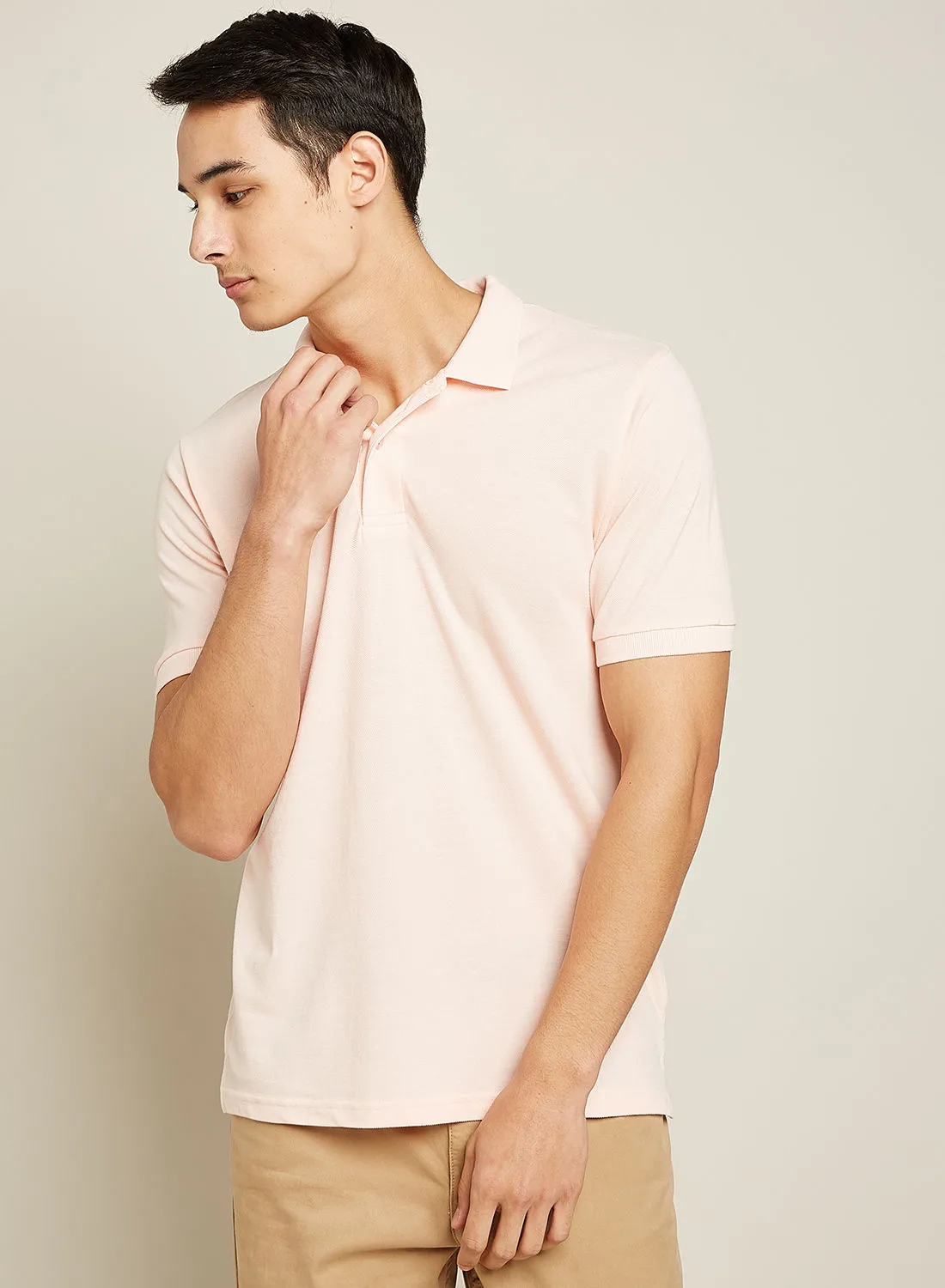 noon east Polo Neck T-Shirt, 100% Cotton, Comfort Fit Washed Light Pink