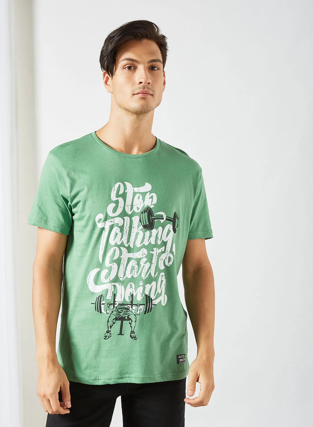 ABOF Stop Talking Start Doing Printed Regular Fit Crew Neck T-Shirt Light Green