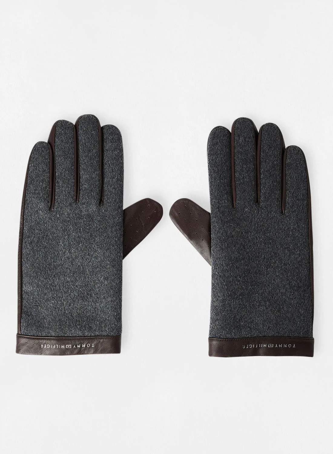 TOMMY HILFIGER Herringbone Leather Gloves Brown/Grey