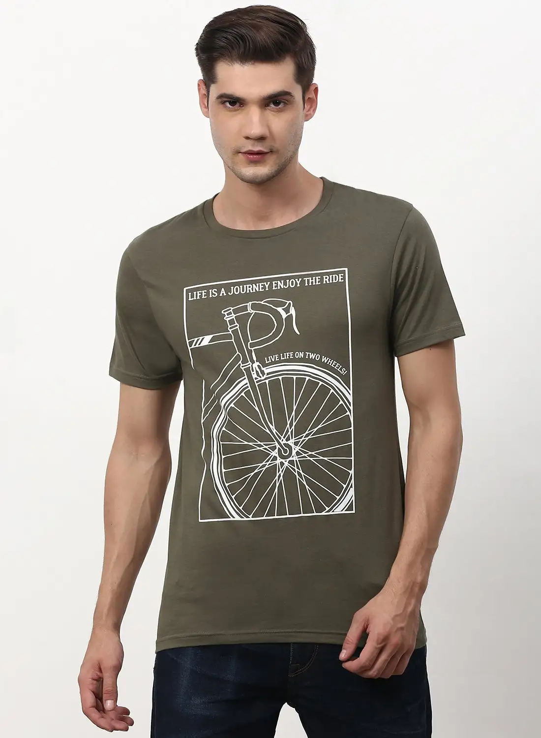 ABOF Life Is A Journey Enjoy The Life Printed Crew Neck T-Shirt Olive