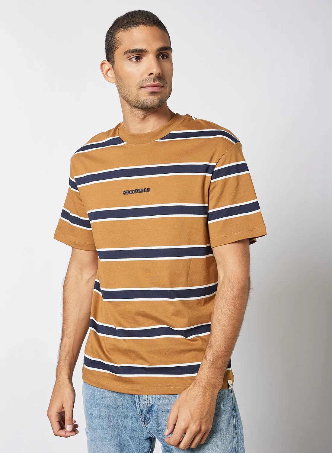 JACK & JONES Striped T-Shirt Brown