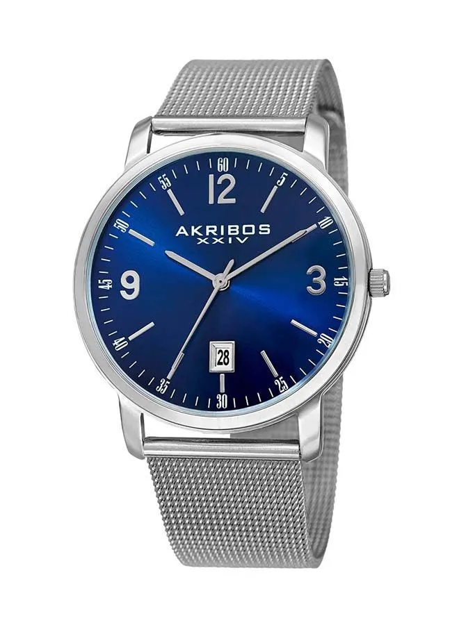 Akribos XXIV Silver Tone Case on Silver Bracelet, Blue Dial with Silver Tone Hands
