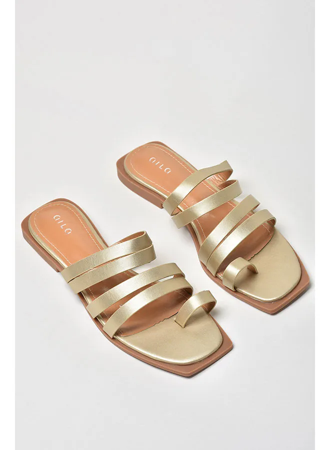 Aila Multi Strap Slip-On Flat Sandals Gold