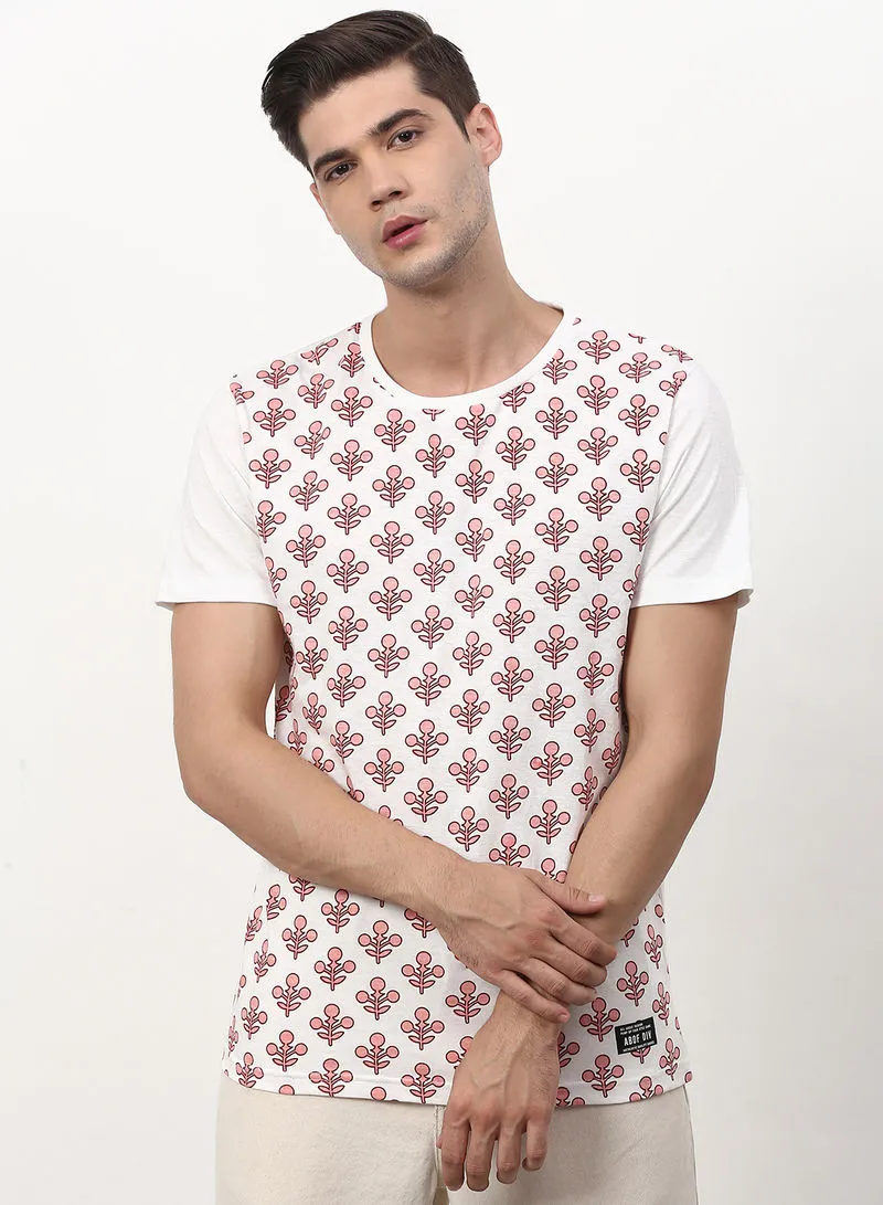 ABOF All Over Printed Crew Neck Regular Fit T-Shirt White