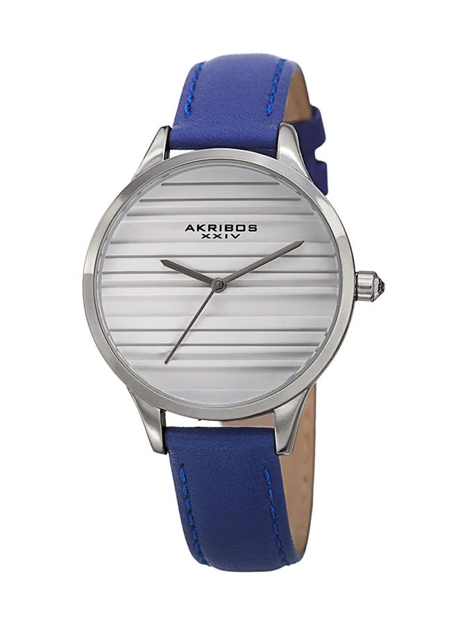 Akribos XXIV Silver Ion Plated Alloy on Blue Genuine Leather Strap, White Dial with Silver Tone Hands