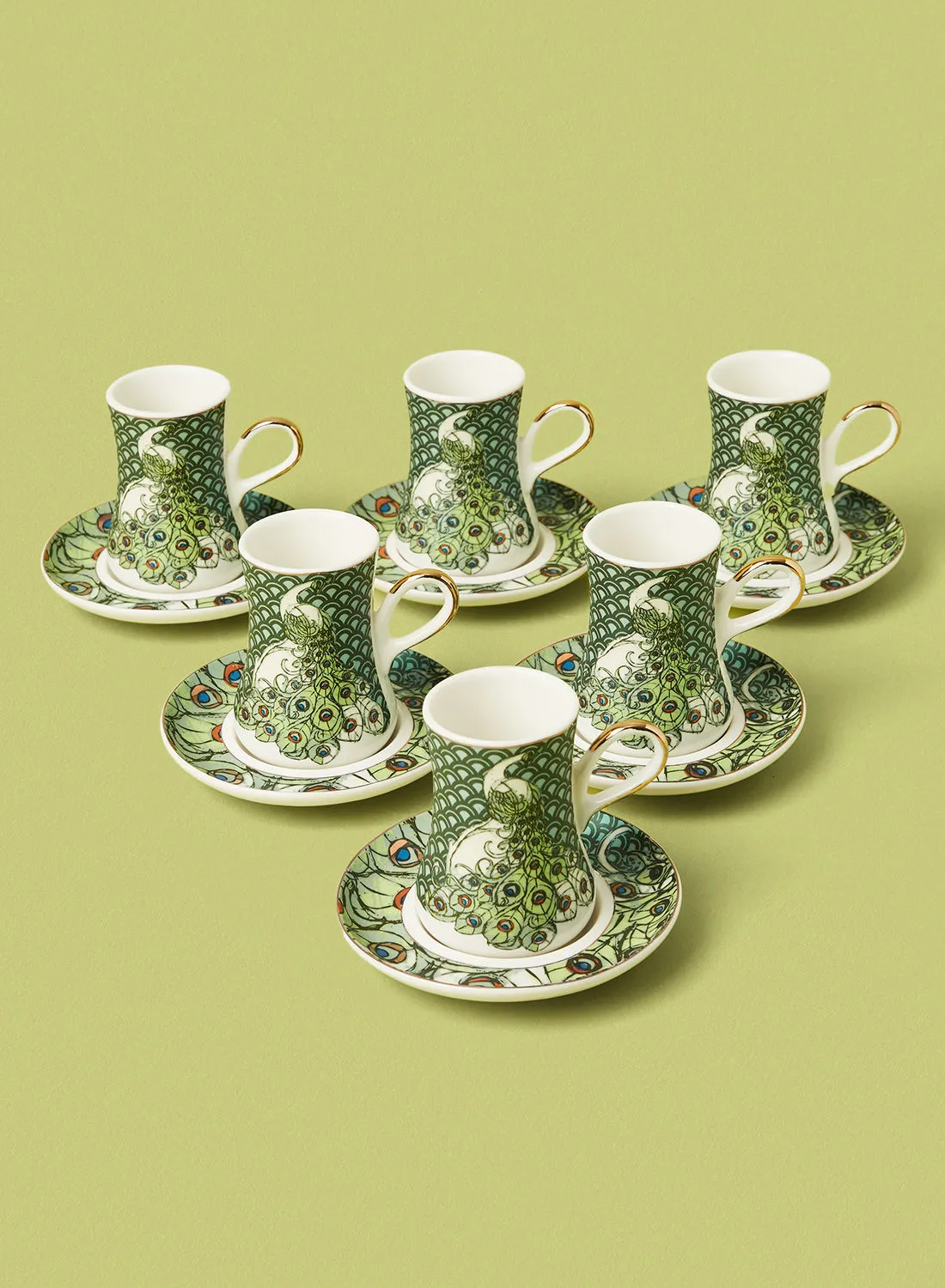 noon east 12 Piece Cup And Saucer Set - New Bone China - Premium Quality Arabic Tea And Coffee Cups Set - Coffee Cups - Tea Cups - Arabic Coffee Cups - Peacock