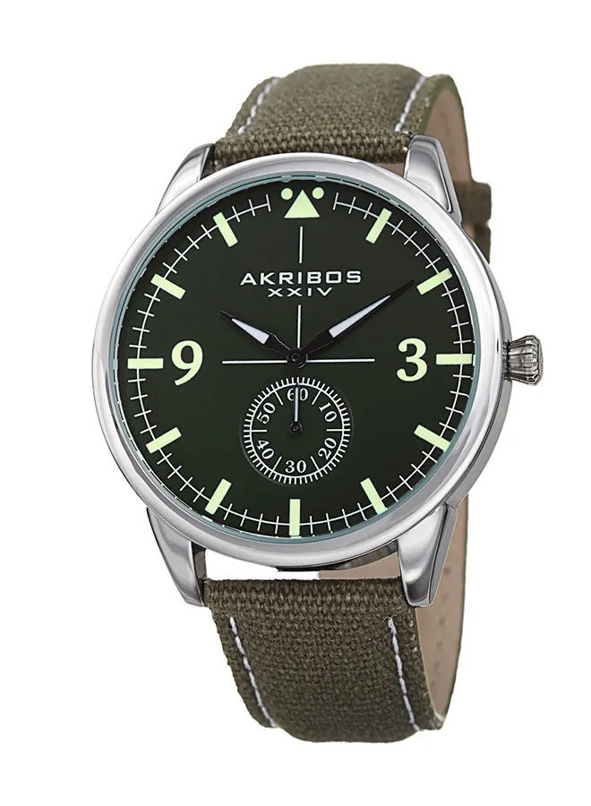 Akribos XXIV Silver Tone Case on Olive Green Strap, Olive Green Dial with Black Hands